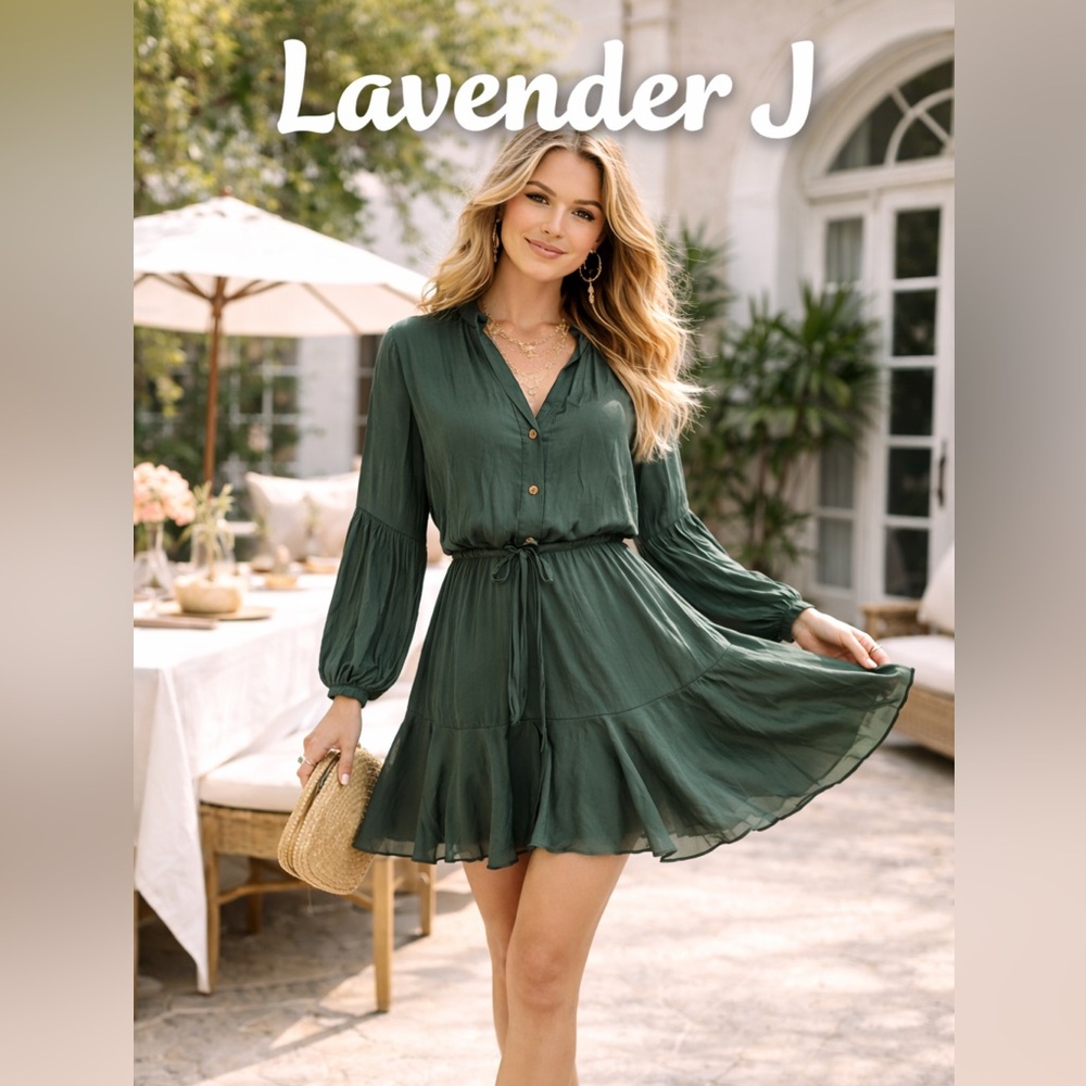 Lavender J,Rich Forest Green,Flowy Dress Boho Button-Front, Tie-Waist,Size S EUC